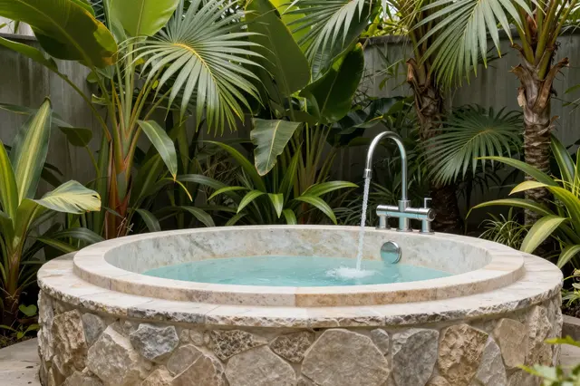 A round stone outdoor bathtub fills with running water surrounded by lush tropical foliage