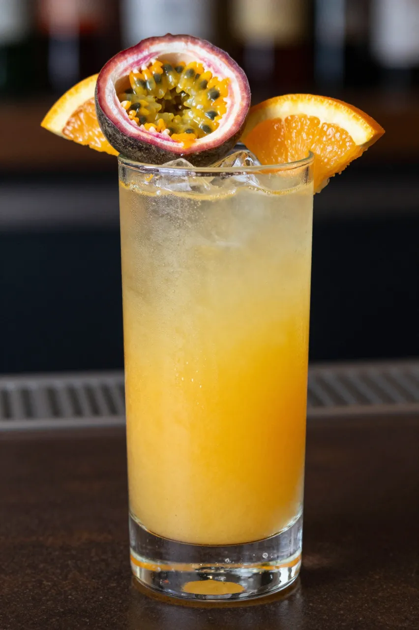 Tall glass of orange tropical mocktail garnished with passion fruit and orange slices on a bar counter