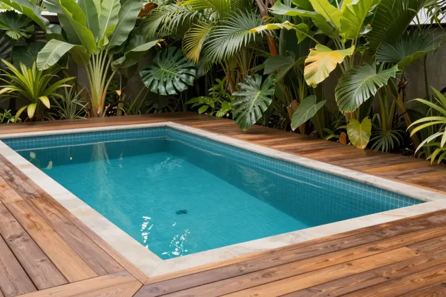 A small private plunge pool set into a teak deck surrounded by lush tropical foliage