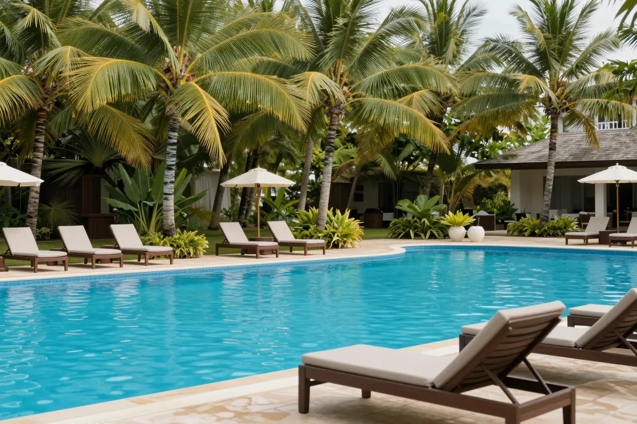 Empty lounge chairs and umbrellas line a bright blue resort pool surrounded by palm trees