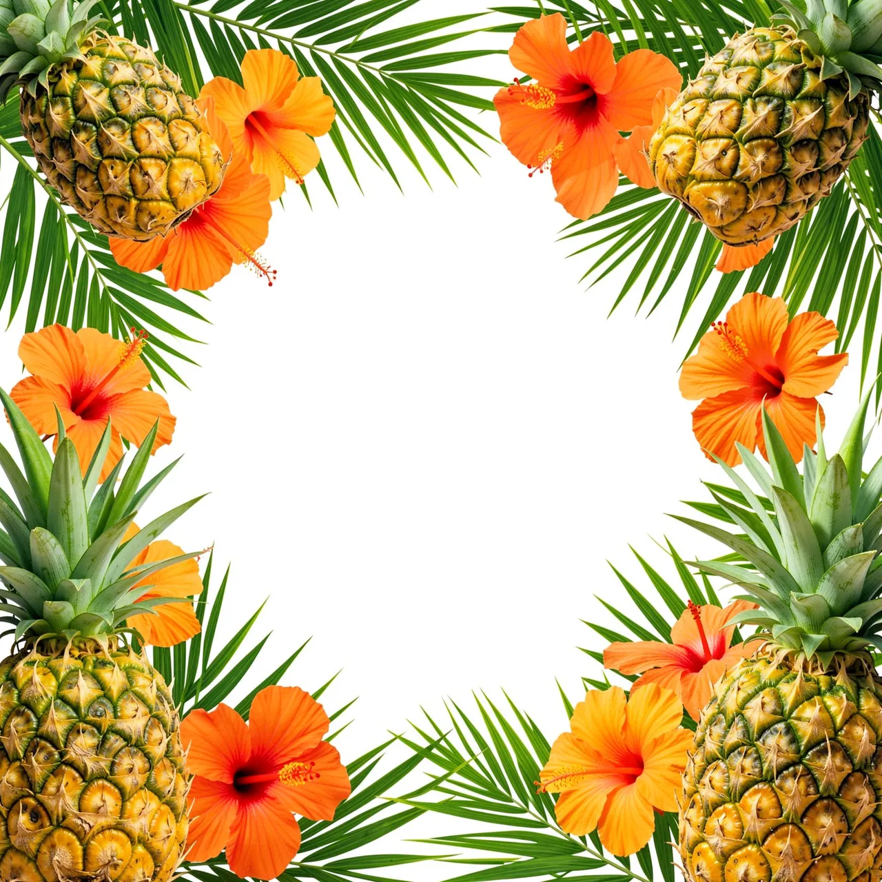 A decorative border of pineapples, palm leaves, and orange hibiscus surrounds an empty white center.