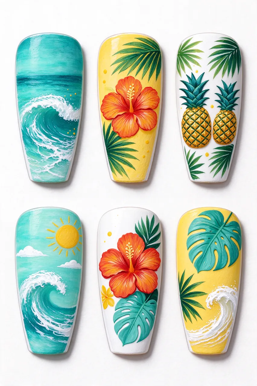 Six coffin nail tips with gouache tropical summer art arranged in two horizontal rows on a white background