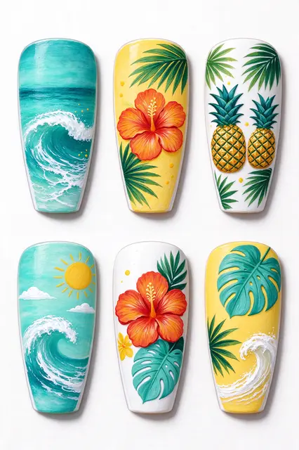Six coffin nail tips with gouache tropical summer art arranged in two horizontal rows on a white background