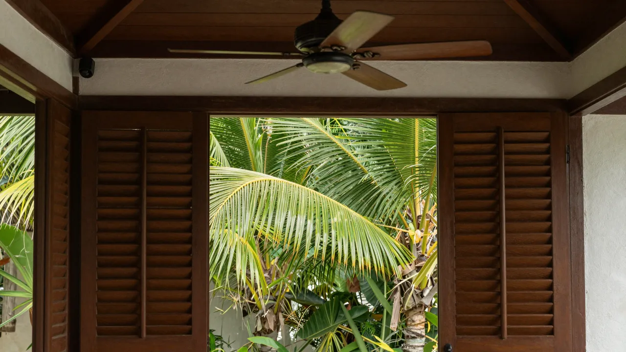 A covered wooden veranda with a ceiling fan and louvered shutters overlooks lush green palm fronds.