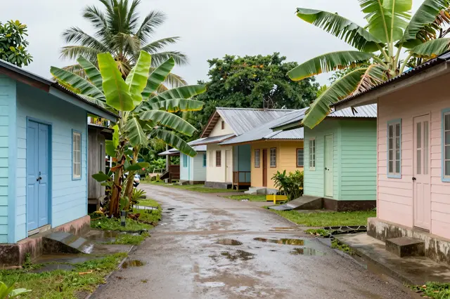 Wet village lane lined with pastel wooden houses and banana plants following tropical rain