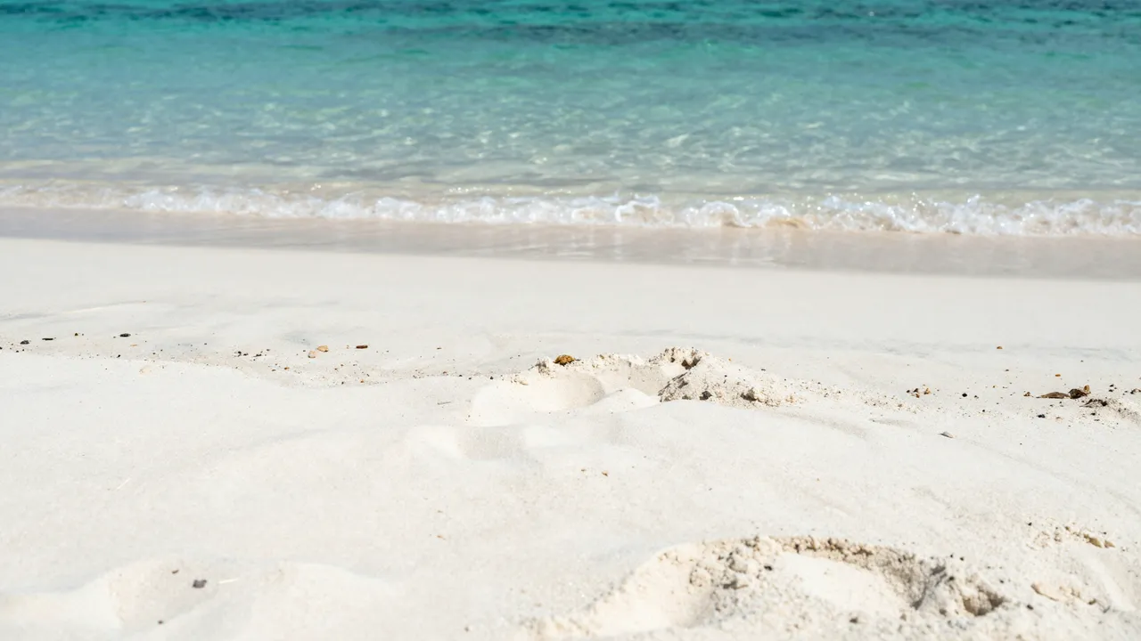 Gentle turquoise ocean waves lap onto bright white beach sand with plenty of empty copy space