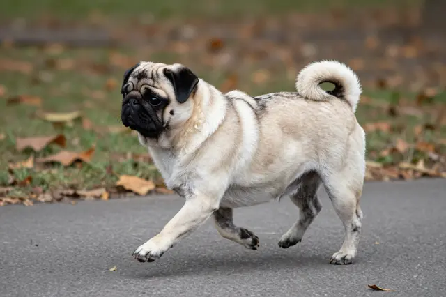 A side view of a fawn pug with a black face trotting across a paved park path lined with fallen autumn leaves.