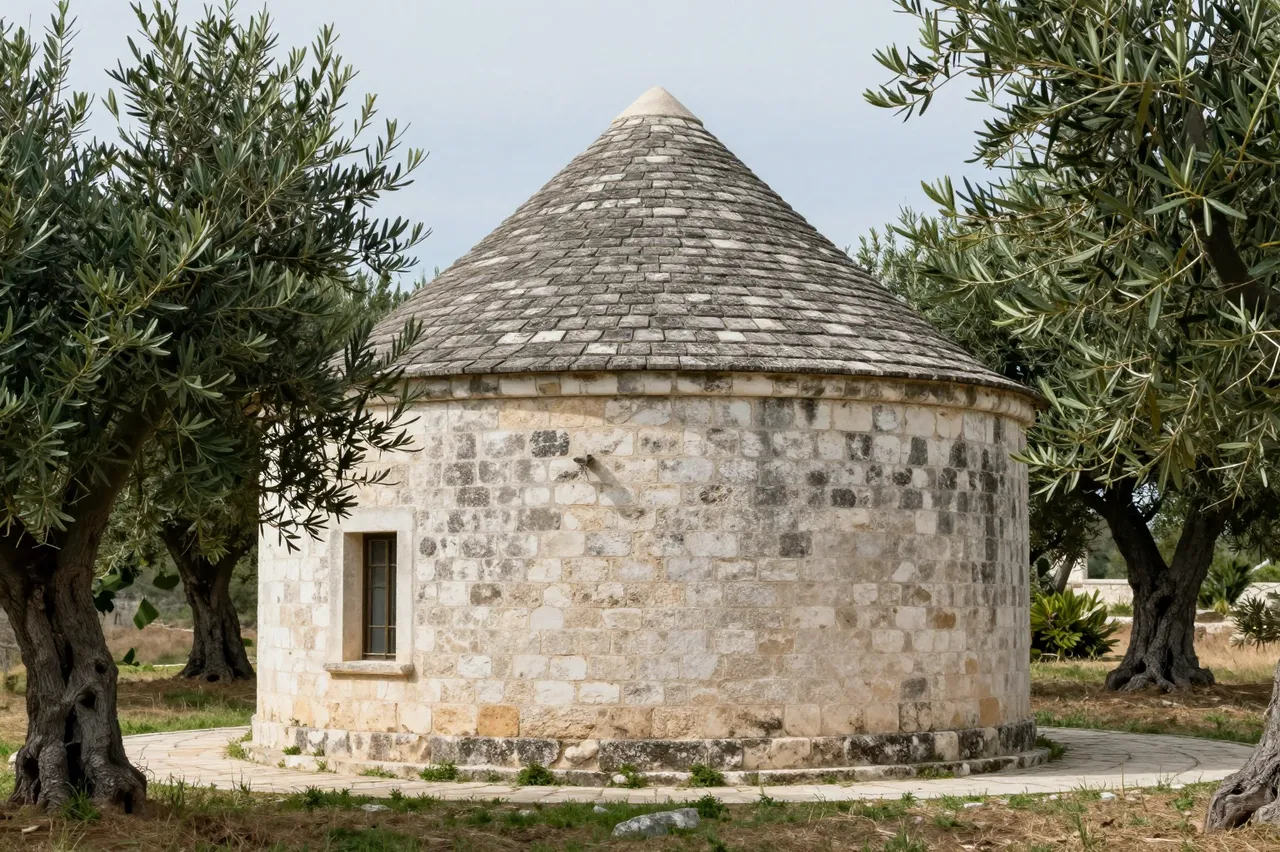 Traditional conical stone trullo surrounded by gnarled olive trees under a pale overcast sky