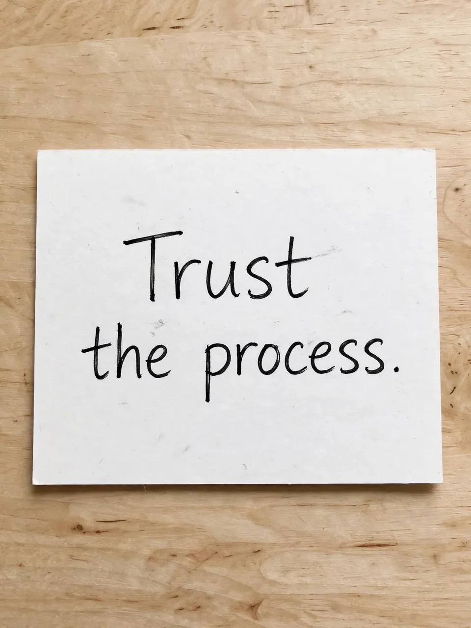 Handwritten "Trust the process." text in black ink on a white index card resting on a light wooden desk.
