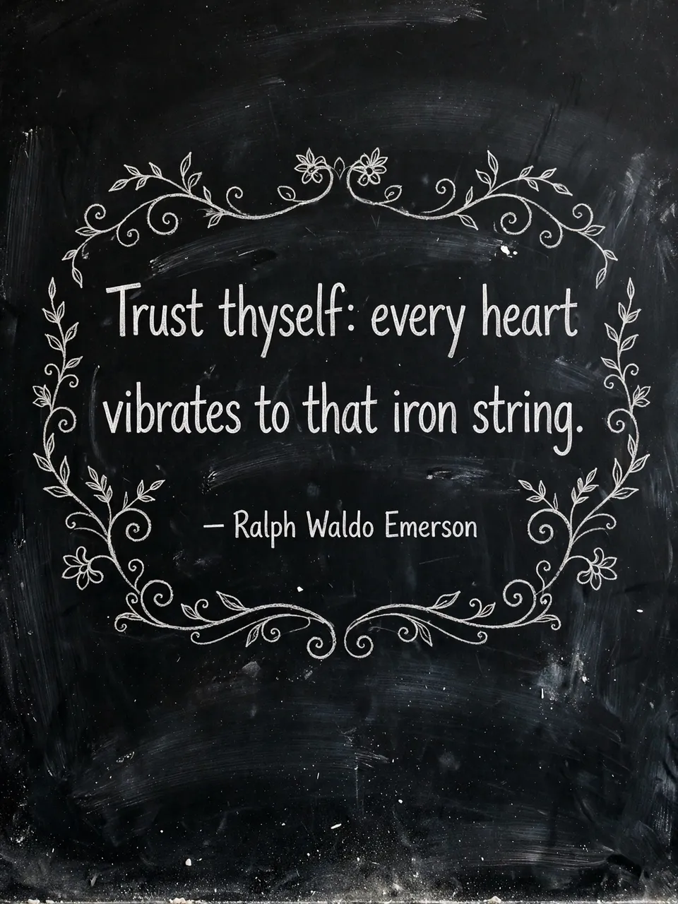 White chalk lettering of the quote "Trust thyself: every heart vibrates to that iron string" with floral flourishes on a