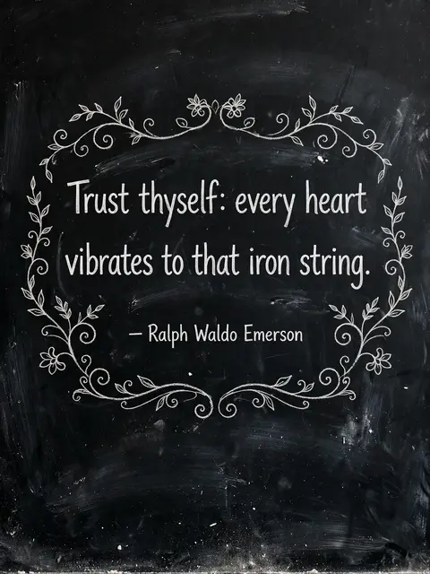 White chalk lettering of the quote "Trust thyself: every heart vibrates to that iron string" with floral flourishes on a