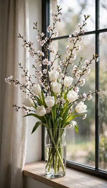 Clear glass vase of white tulips and cherry blossom branches sitting on a windowsill beside a curtain
