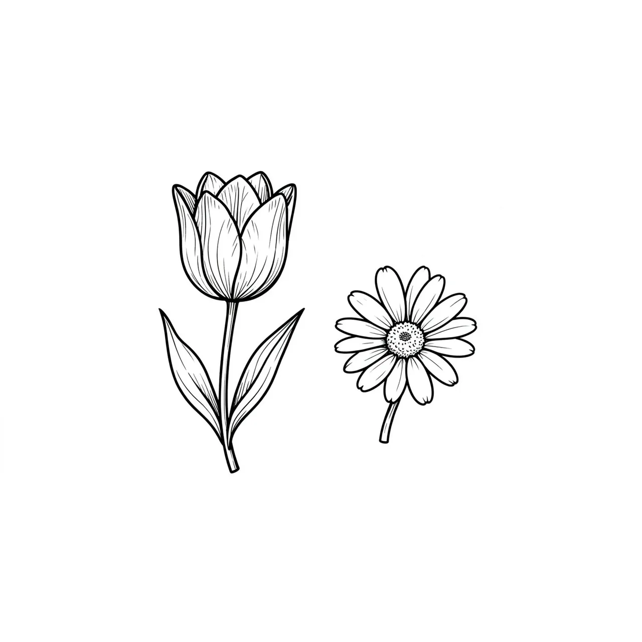 Black fine line illustration of a tulip and a daisy set against a plain white background