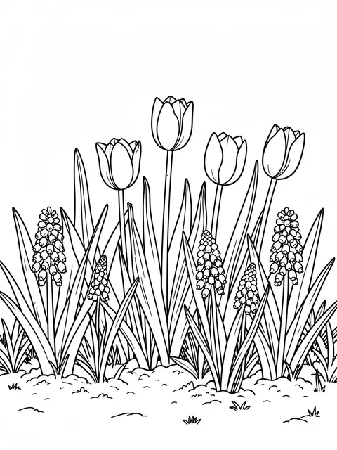 Clean black line art of tulips and grape hyacinths growing in a garden border on a white background