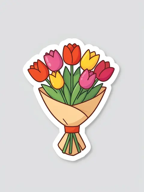 Cute flat illustration sticker of a wrapped tulip bouquet with a thick white border on light gray background