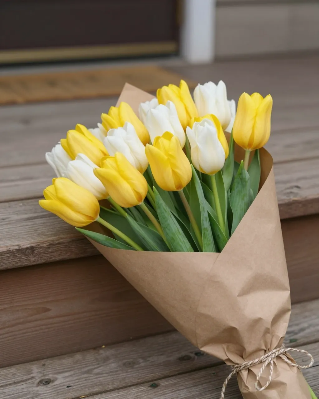 Yellow and white tulip bouquet wrapped in brown kraft paper rests on weathered wooden porch steps in soft spring light