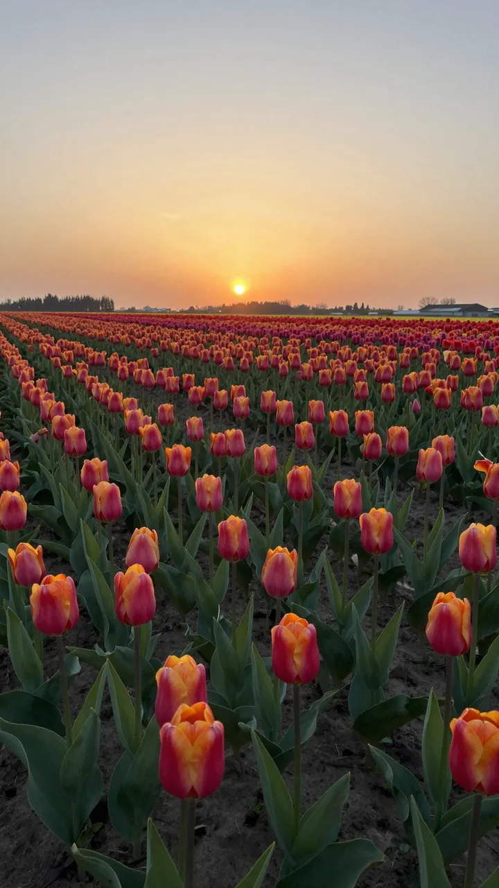 Rows of gradient red-orange tulips stretch toward a low glowing sun above the horizon at sunset