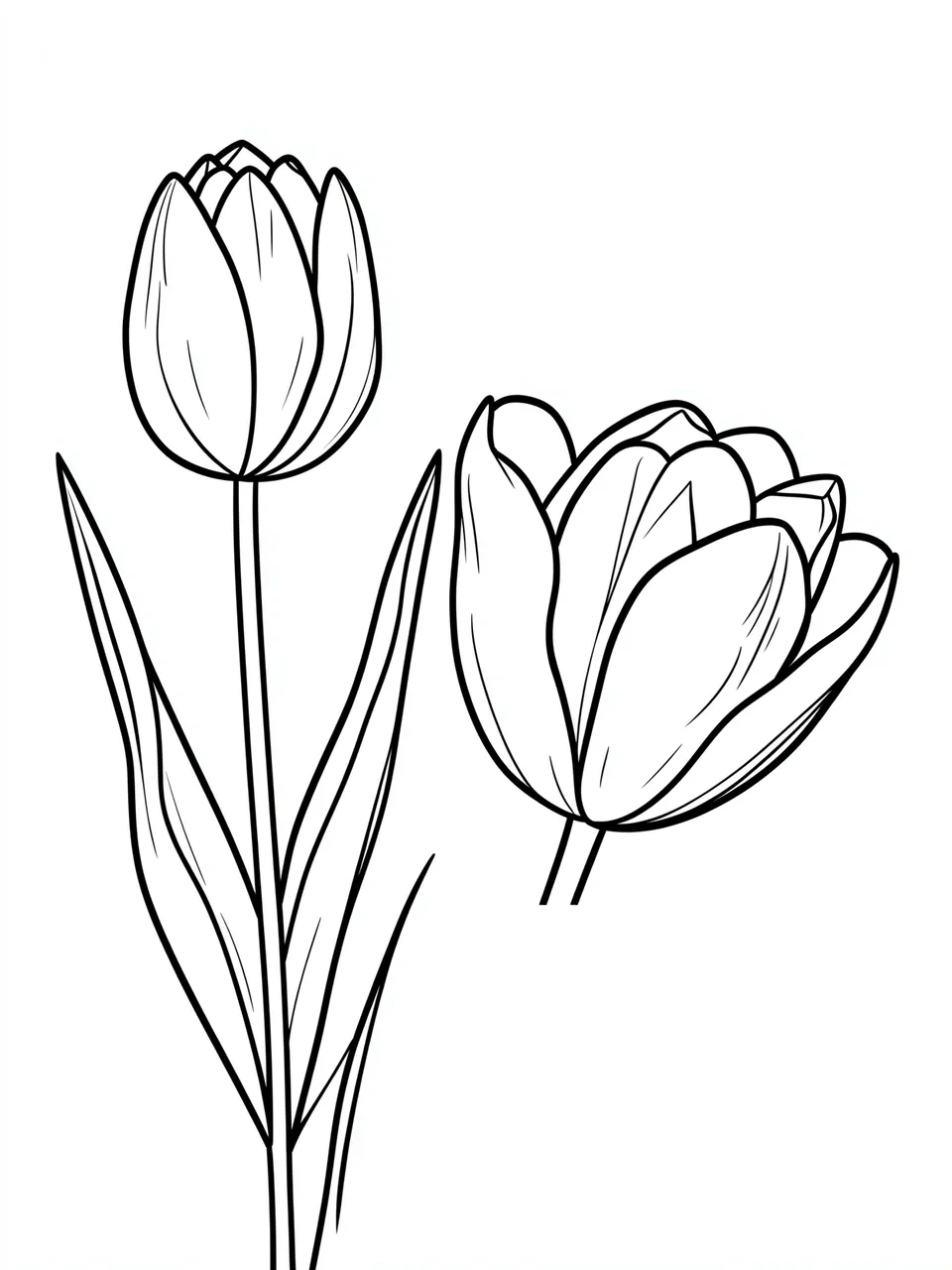 Black and white bold line art of a closed tulip bud and a fully bloomed tulip on a plain white background
