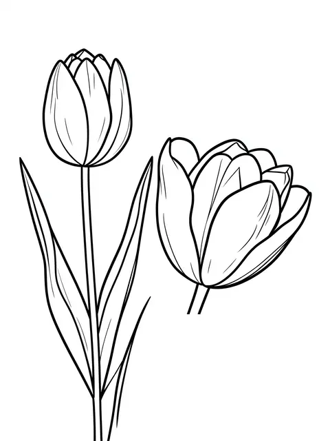 Black and white bold line art of a closed tulip bud and a fully bloomed tulip on a plain white background