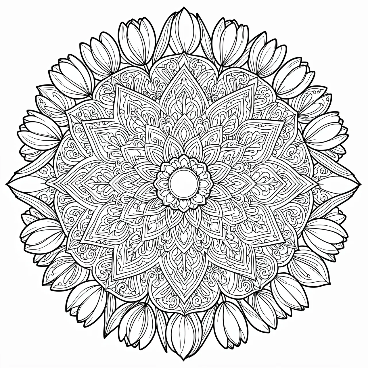 Intricate black line art mandala ringed with tulip and paisley details on a plain white background