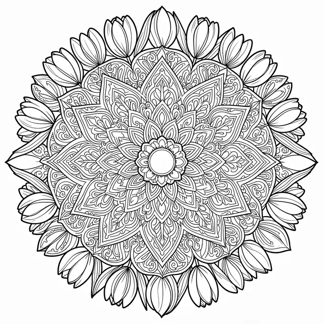 Intricate black line art mandala ringed with tulip and paisley details on a plain white background