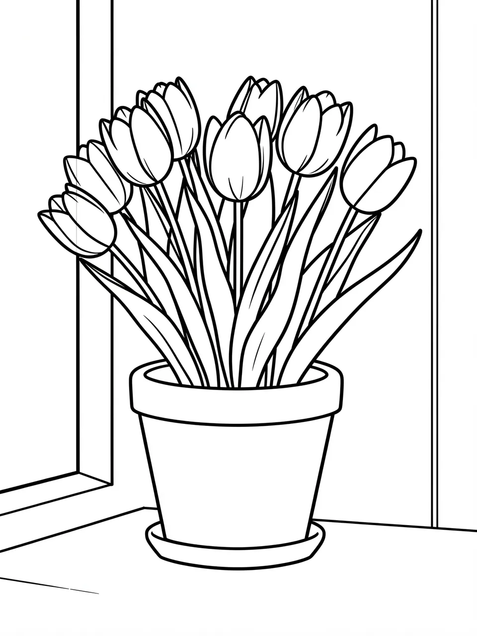Bold black and white line art of a potted tulip bouquet sitting on a windowsill