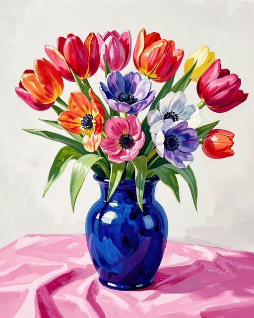 A gouache painting of a bright bouquet of tulips and anemones in a cobalt blue vase resting on a pink tablecloth against a