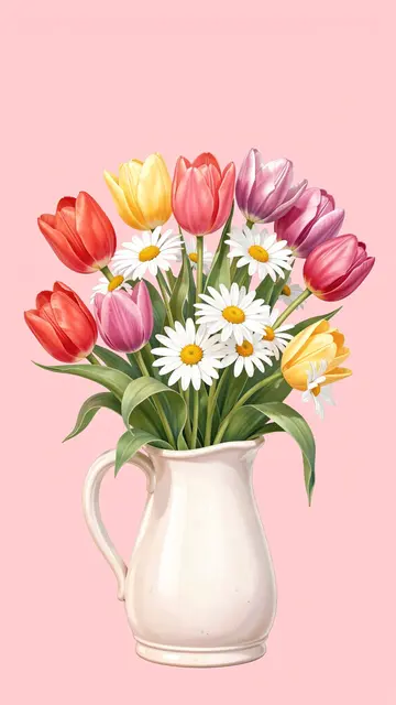 A bouquet of colorful tulips and white daisies sits in a white ceramic jug against a solid pastel pink background