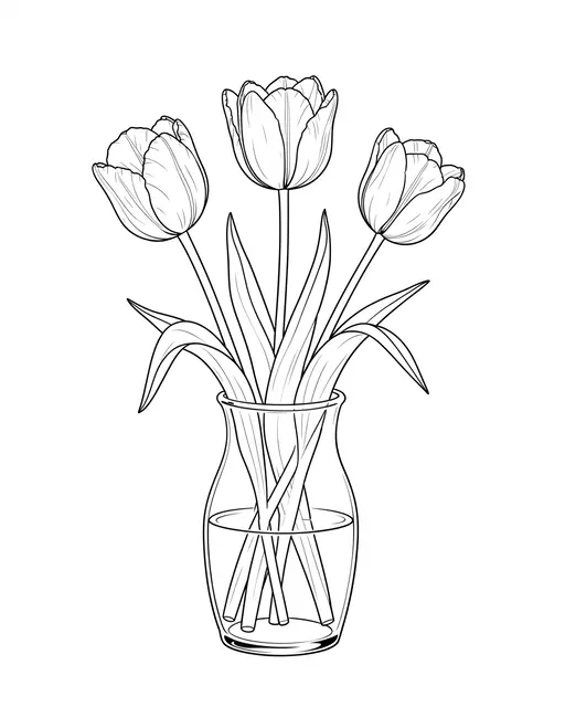 Delicate fine line drawing of three tulips in a glass vase on a plain white background