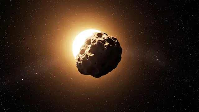 A cratered asteroid floats in space backlit by a bright distant sun against a field of stars