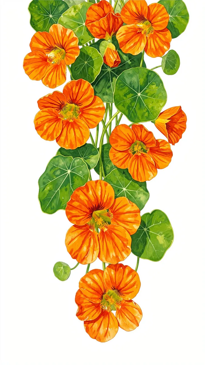 Vertical gouache illustration of cascading orange nasturtium flowers and round green leaves on a plain white background