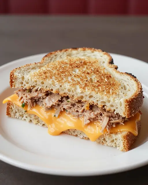 A halved grilled tuna melt with melted cheddar sits on a white ceramic diner plate.