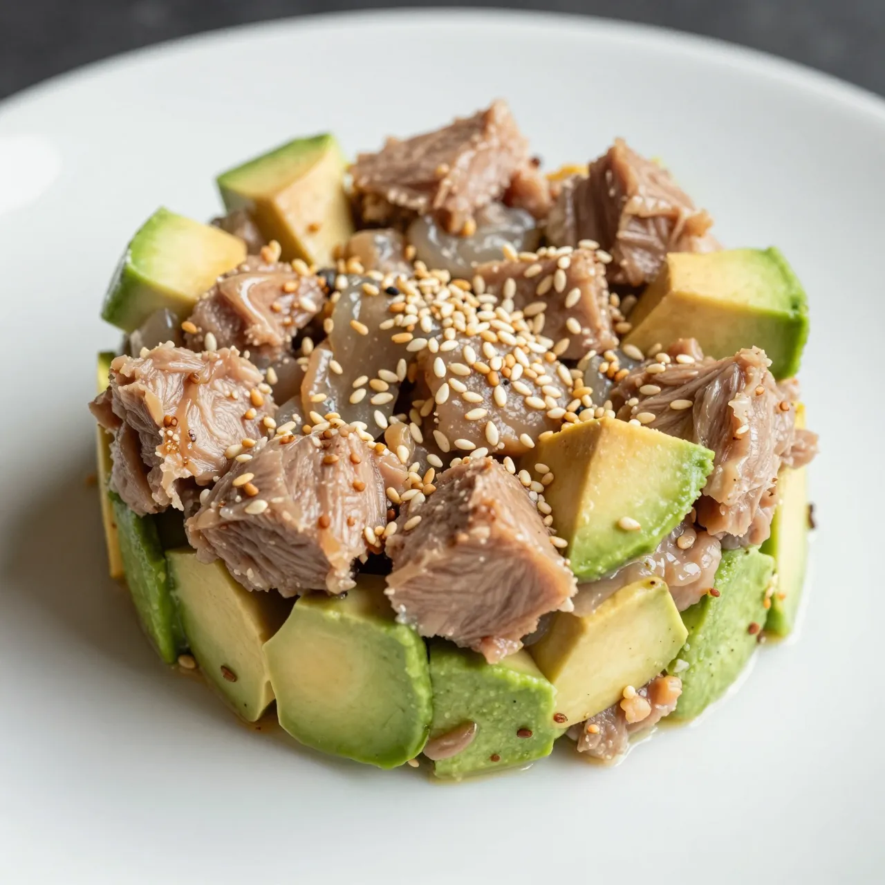Stacked tuna tartare and diced avocado topped with sesame seeds served on a white plate