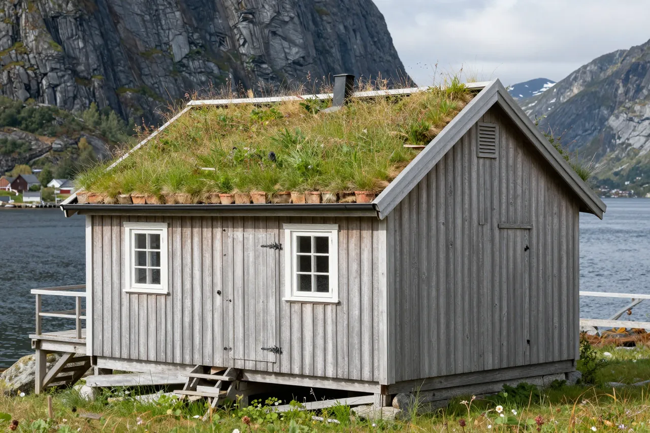 Weathered wooden boathouse with a grass sod roof sits on the shore of a rocky Norwegian fjord