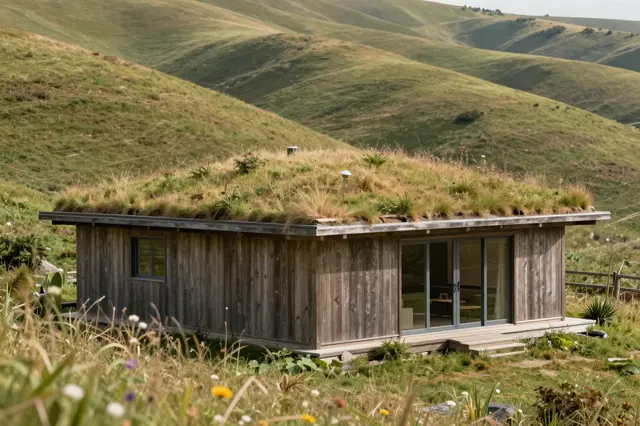 Wooden earth-sheltered cabin with a grass roof sits in sunlit rolling green hills