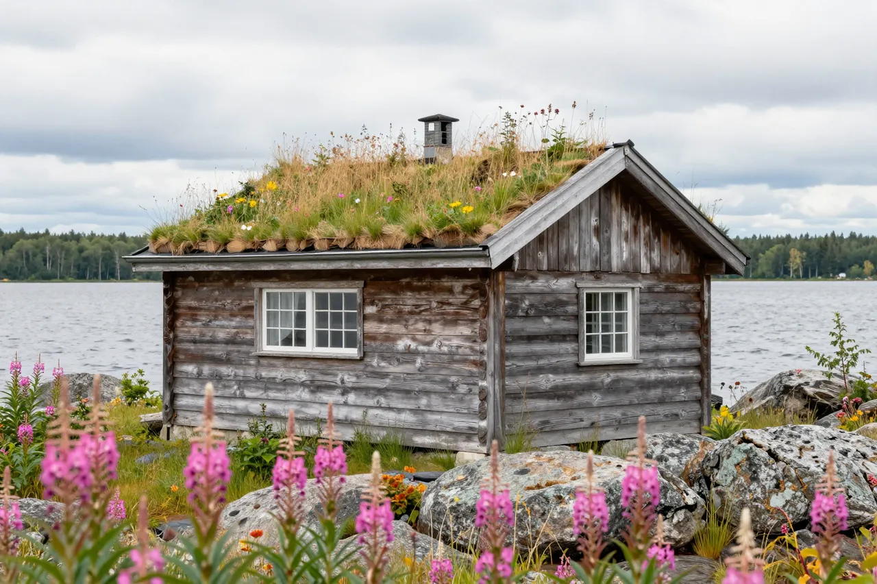 Weathered wooden cabin with a grass roof sits on a rocky lakeshore surrounded by pink fireweed under an overcast sky.
