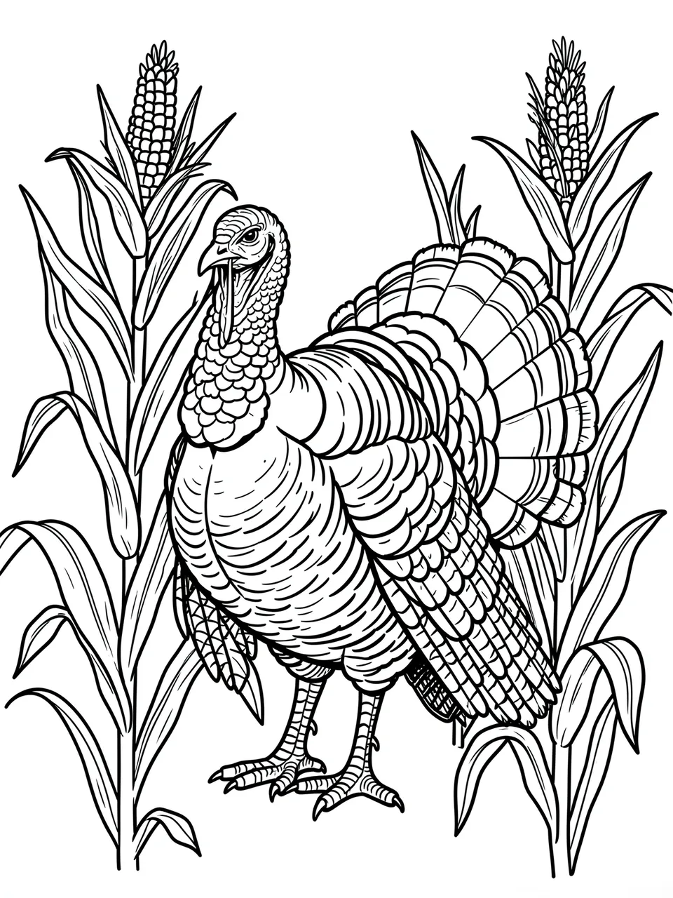 Black and white bold line art of a standing turkey between two tall corn stalks on a plain white background