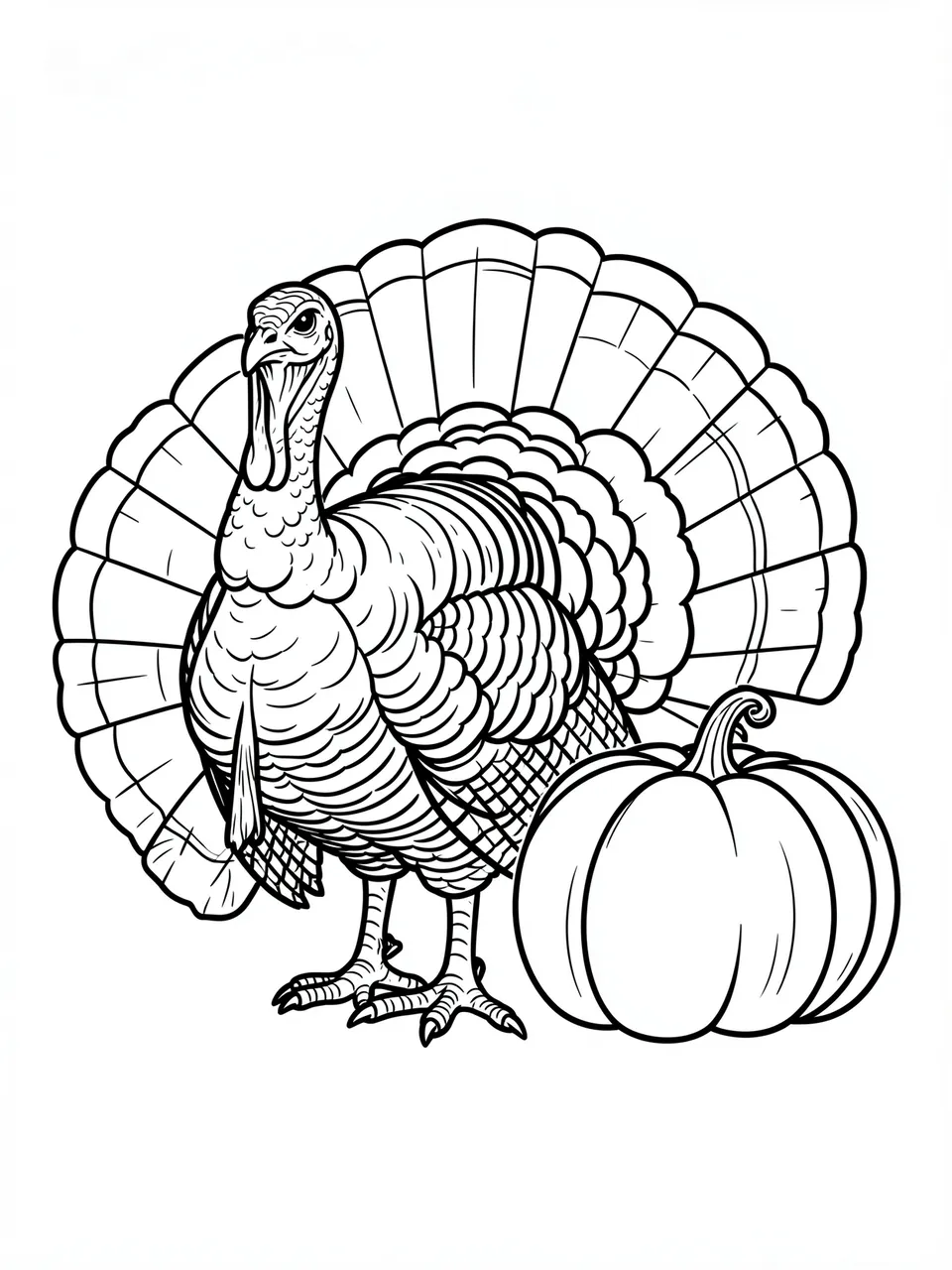 Bold black line art of a fanned turkey standing next to a pumpkin on a plain white background