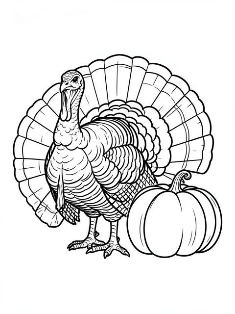 Bold black line art of a fanned turkey standing next to a pumpkin on a plain white background