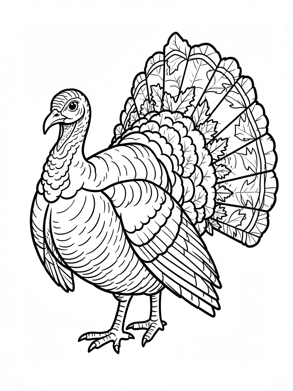 Bold black and white line art of a standing turkey with a tail formed from autumn leaves on a plain white background