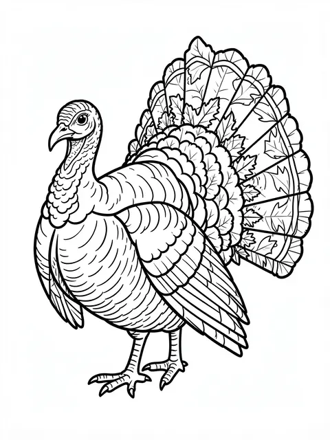 Bold black and white line art of a standing turkey with a tail formed from autumn leaves on a plain white background