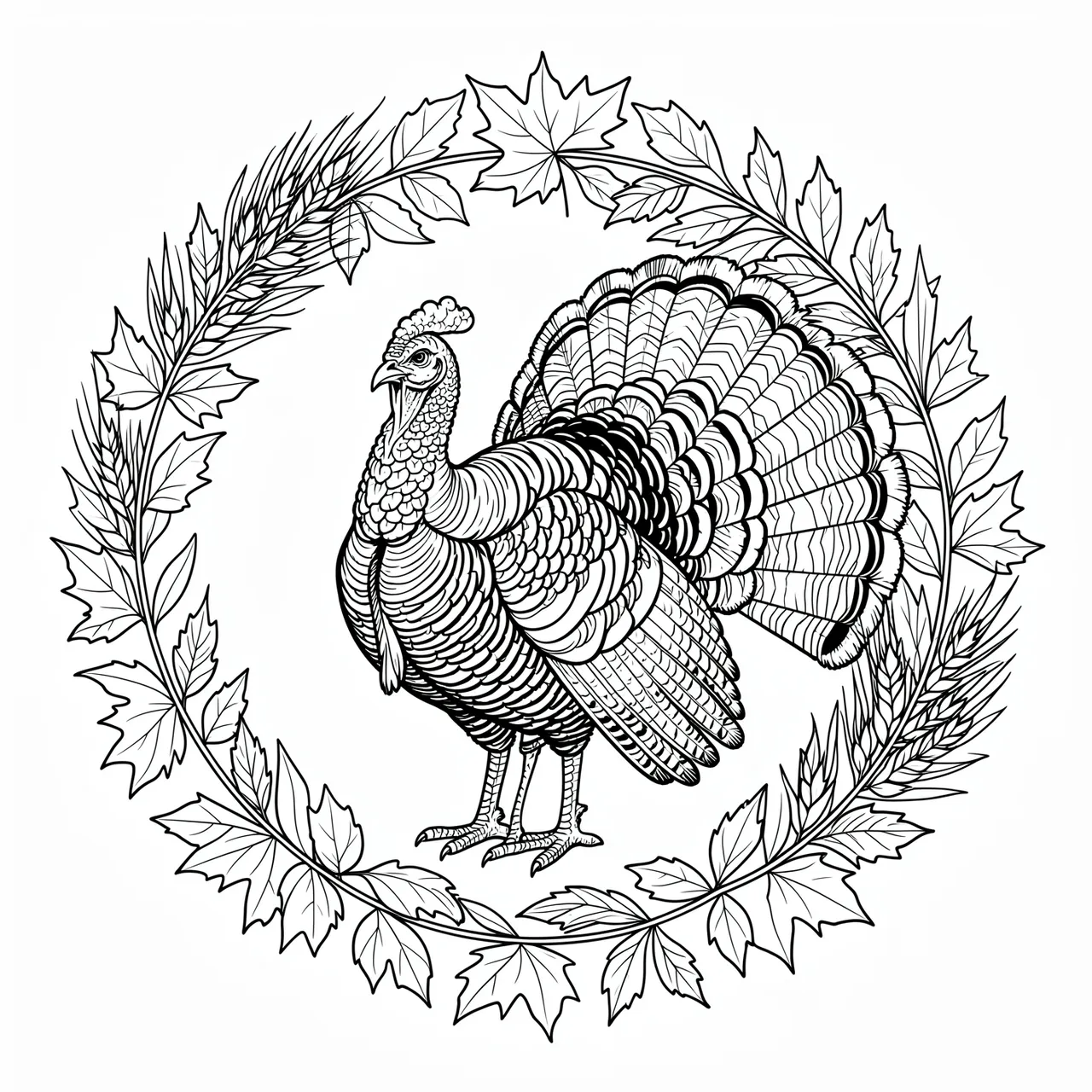 Black and white line art of a detailed turkey centered inside a circular autumn leaf and wheat wreath on a plain white