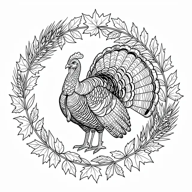 Black and white line art of a detailed turkey centered inside a circular autumn leaf and wheat wreath on a plain white