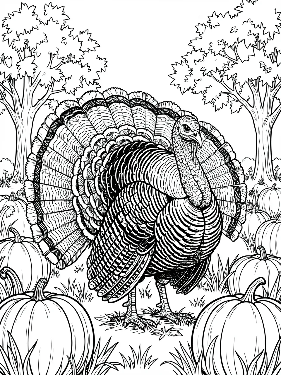 Intricate black and white line art of a turkey standing in a pumpkin field with autumn trees in the background