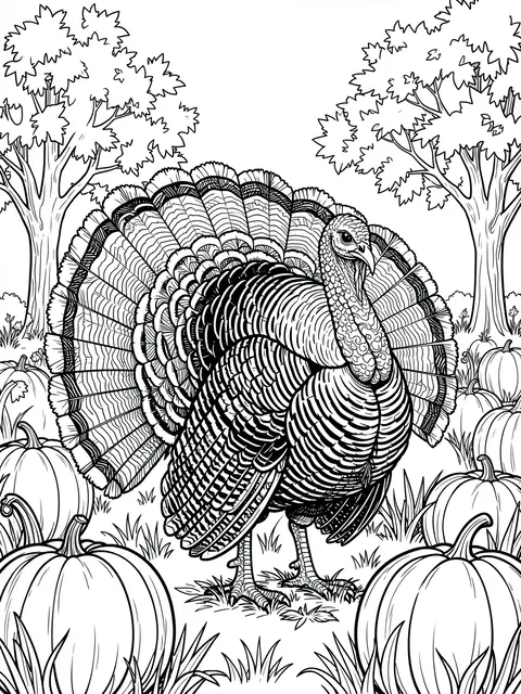 Intricate black and white line art of a turkey standing in a pumpkin field with autumn trees in the background