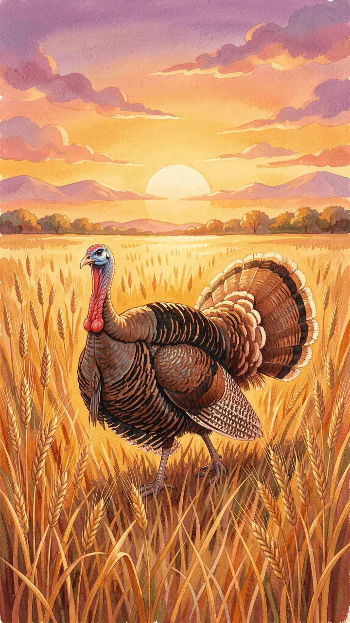 A wild turkey stands in a golden wheat field beneath a colorful sunset sky over distant mountains