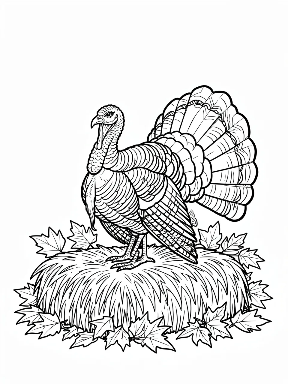 Black and white bold line art of a standing turkey on a hay bale surrounded by autumn maple leaves, on a plain white