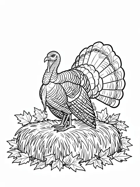 Black and white bold line art of a standing turkey on a hay bale surrounded by autumn maple leaves, on a plain white