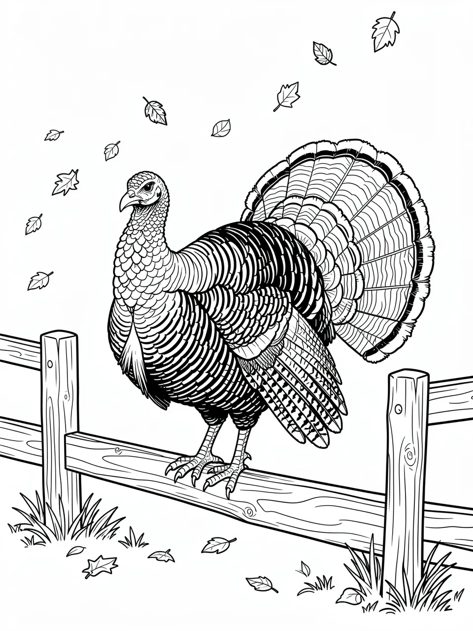 Intricate black and white line art of a turkey perched on a split rail fence with falling autumn leaves on a white