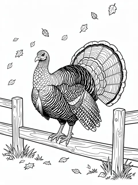 Intricate black and white line art of a turkey perched on a split rail fence with falling autumn leaves on a white